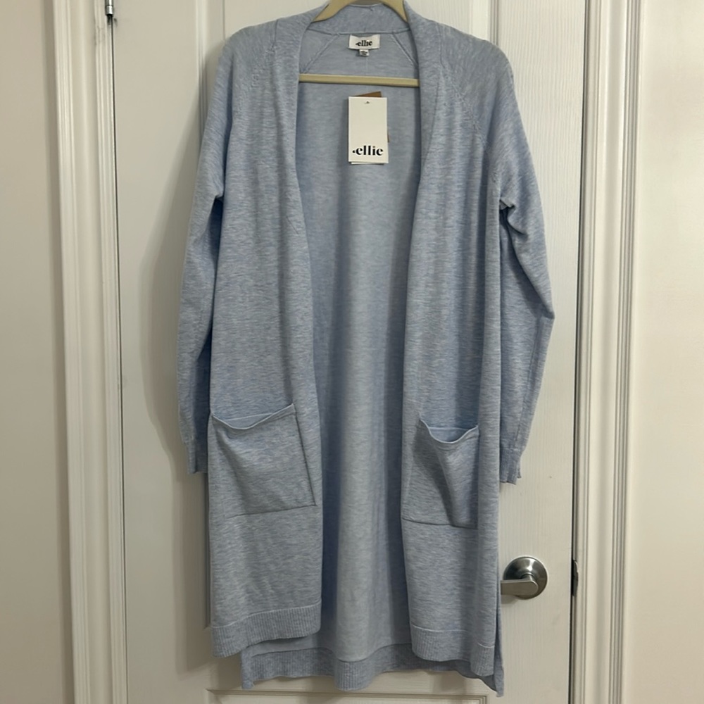 NWT Ellie light heather blue lightweight side slit open cardigan size L